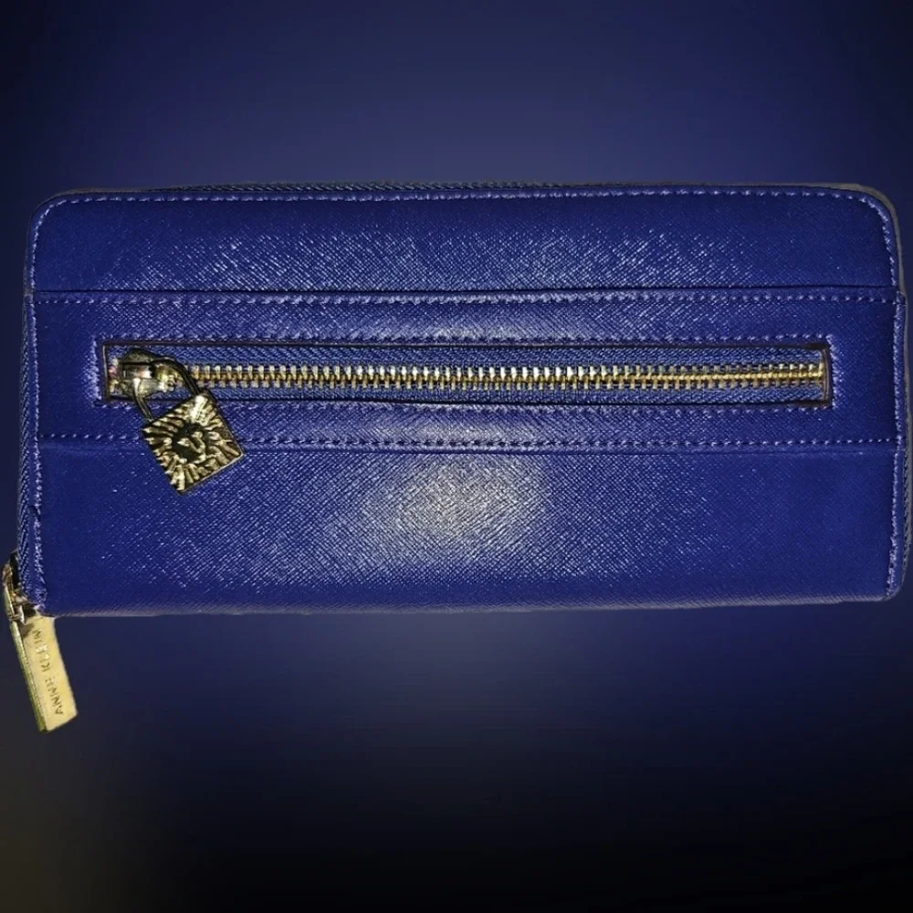 Royal Blue Anne Klein Bifold Zippered Wallet with Gold Hardware and Lock pull.